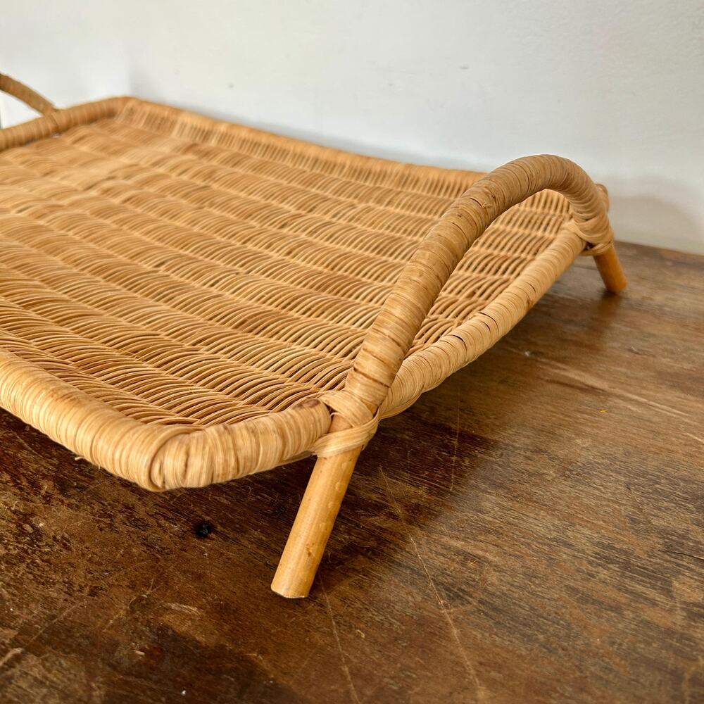 Vintage 70s Wicker Butler's Tray, Mid Century Boho Woven Serving Accent